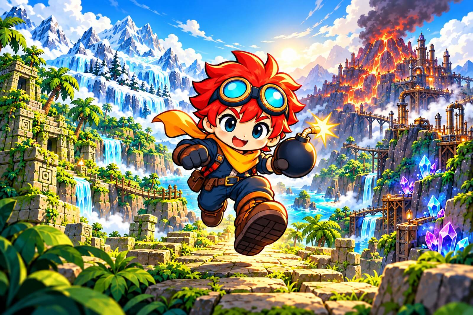 Arte promocional de Super Bombaê: o aventureiro ruivo com uma bomba, ruínas da selva e paisagens dos cinco mundos