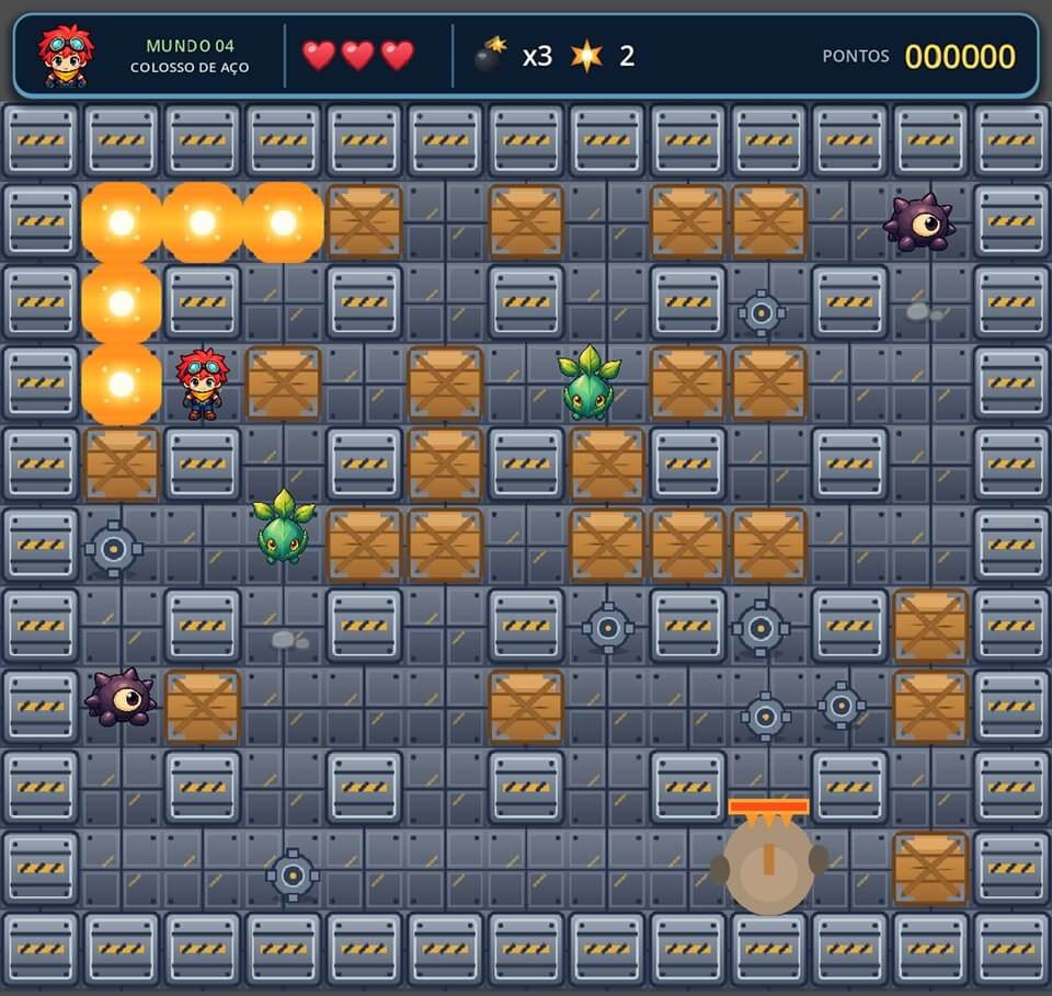 Gameplay na Fábrica Mecânica, com obstáculos e um chefe