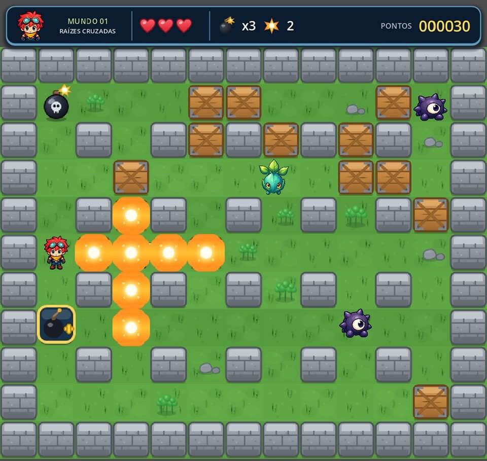 Gameplay de Super Bombaê nas Ruínas da Selva, com blocos, inimigos e explosão em cruz